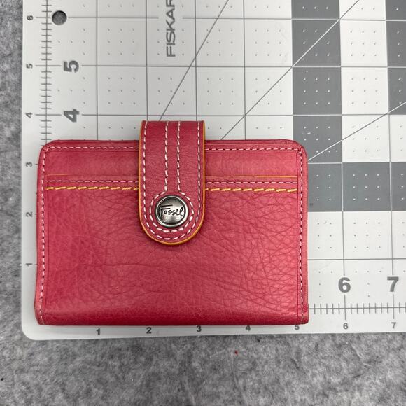 Fossil Pink Pebbled Leather Orange Trim Stitching Snap Closure Wallet - Picture 7 of 7